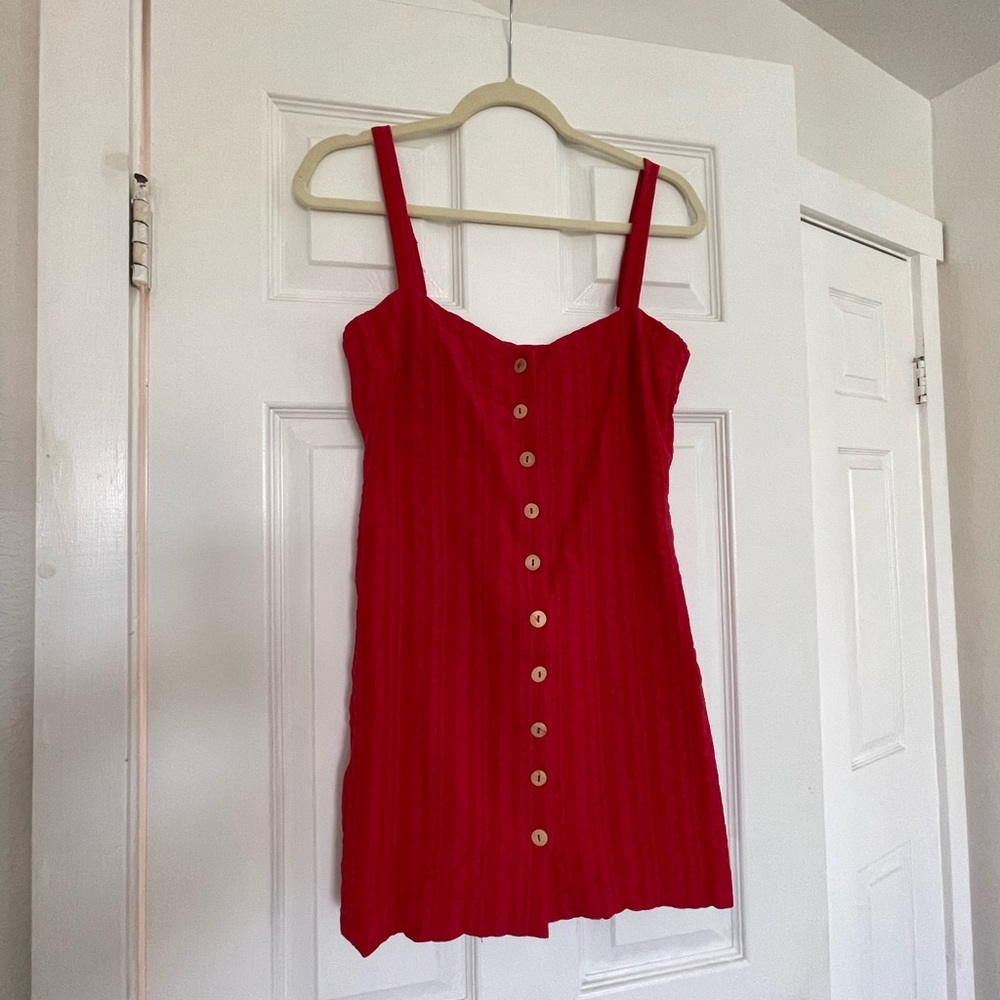 Red Seersucker Style Mini Sundress with Wooden Buttons